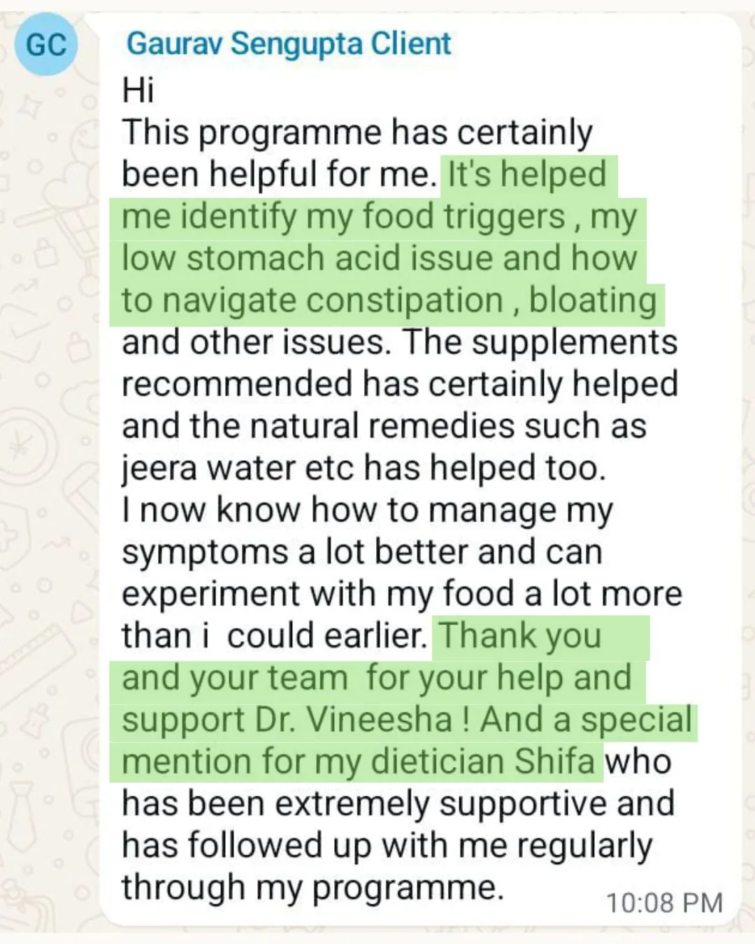WhatsApp message from Gaurav Sengupta thanking Dr. Vineesha and dietician Shifa for help identifying food triggers and a low stomach acid issue, and learning to manage constipation and bloating