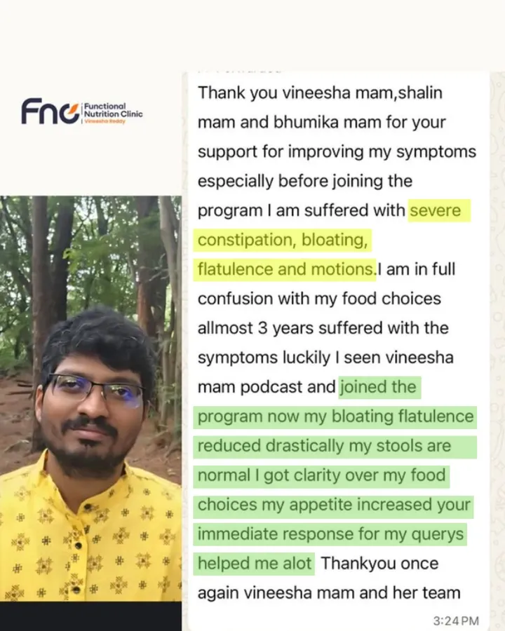 WhatsApp message from a client with his photo, thanking Vineesha and team for help with constipation, bloating, and flatulence, now resolved after the program