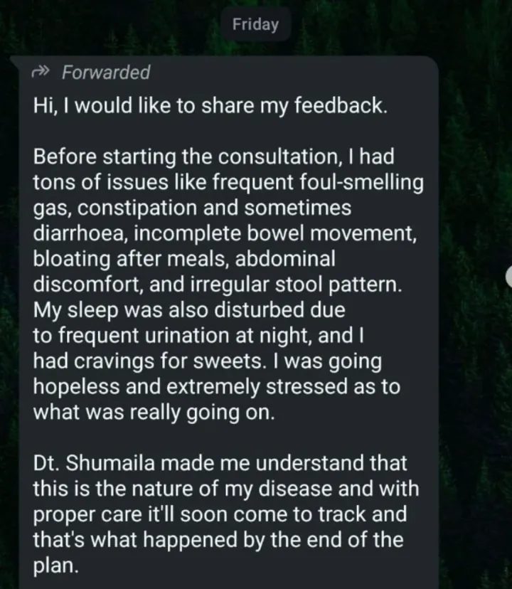 WhatsApp message describing frequent foul-smelling gas, constipation, incomplete bowel movements, bloating after meals, abdominal discomfort, and disturbed sleep before starting the program