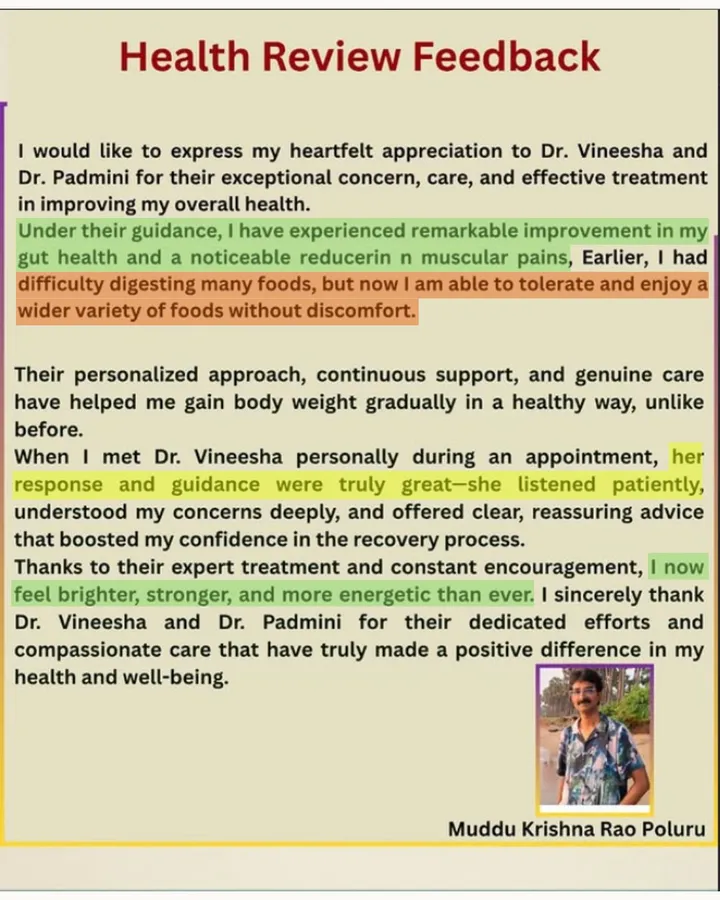 Health review feedback from a client describing remarkable improvement in gut health after working with Dr. Vineesha and the team