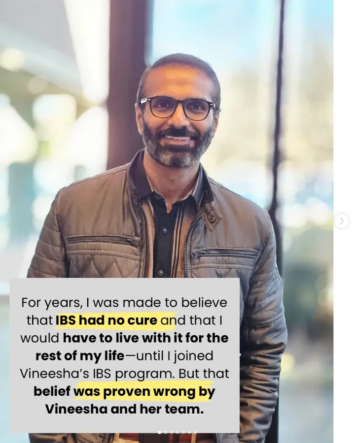 Testimonial with client photo describing being told his IBS had no cure, until joining Vineesha's IBS program proved that belief wrong