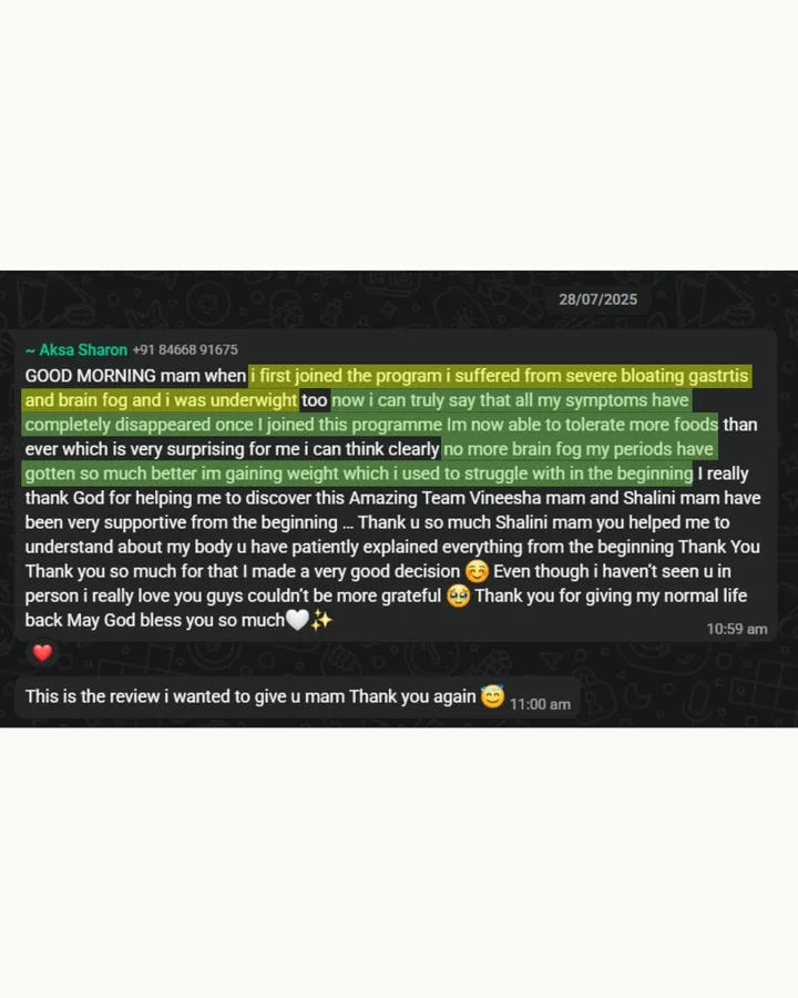 WhatsApp message from a client describing relief from severe bloating, gastritis, and brain fog, now tolerating more foods, thinking clearly, and gaining healthy weight after joining the program