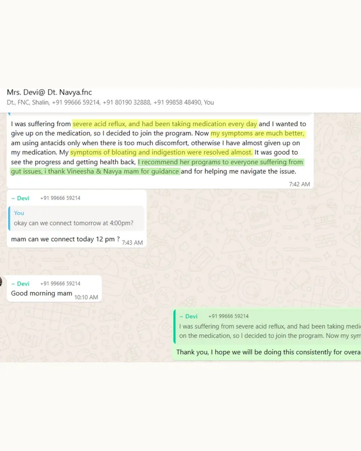 WhatsApp conversation describing relief from severe acid reflux, bloating, and indigestion after joining the program, with gratitude expressed for the guidance received