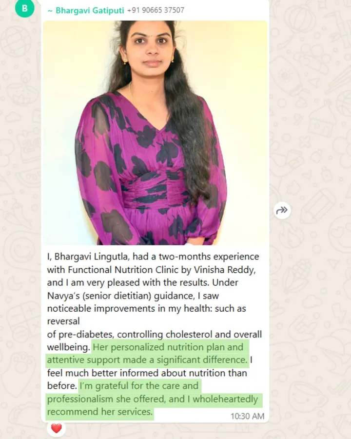 WhatsApp message from a client with her photo, sharing how a two-month program with Functional Nutrition Clinic reversed pre-diabetes, controlled cholesterol, and improved overall wellbeing